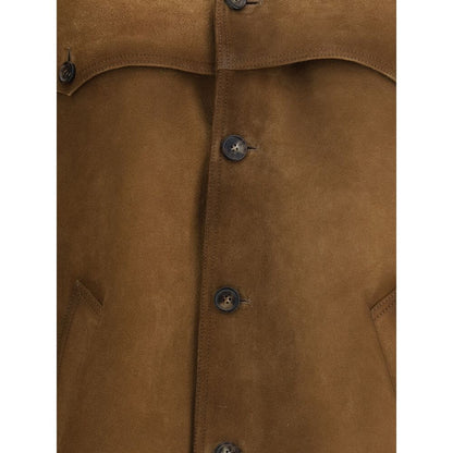 Prada Brown Leather Jacket with suede finish, classic collar, front button closure, and welt pockets for a contemporary elegant look.