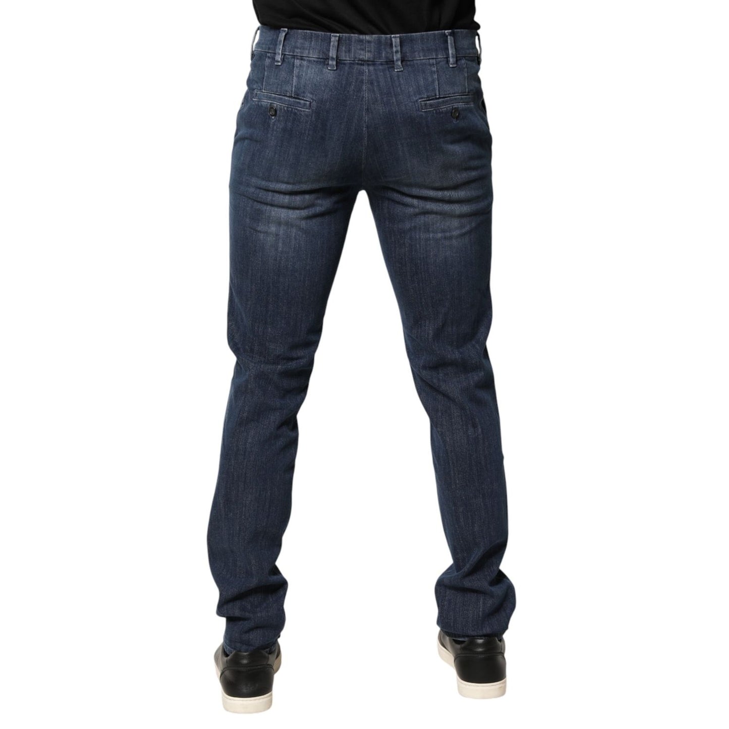 Back view of Prada Dark Blue Mid Waist Skinny Fit Men Denim Trouser Jeans showcasing sleek design and modern silhouette.
