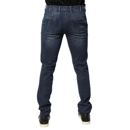 Back view of Prada Dark Blue Mid Waist Skinny Fit Men Denim Trouser Jeans showcasing sleek design and modern silhouette.