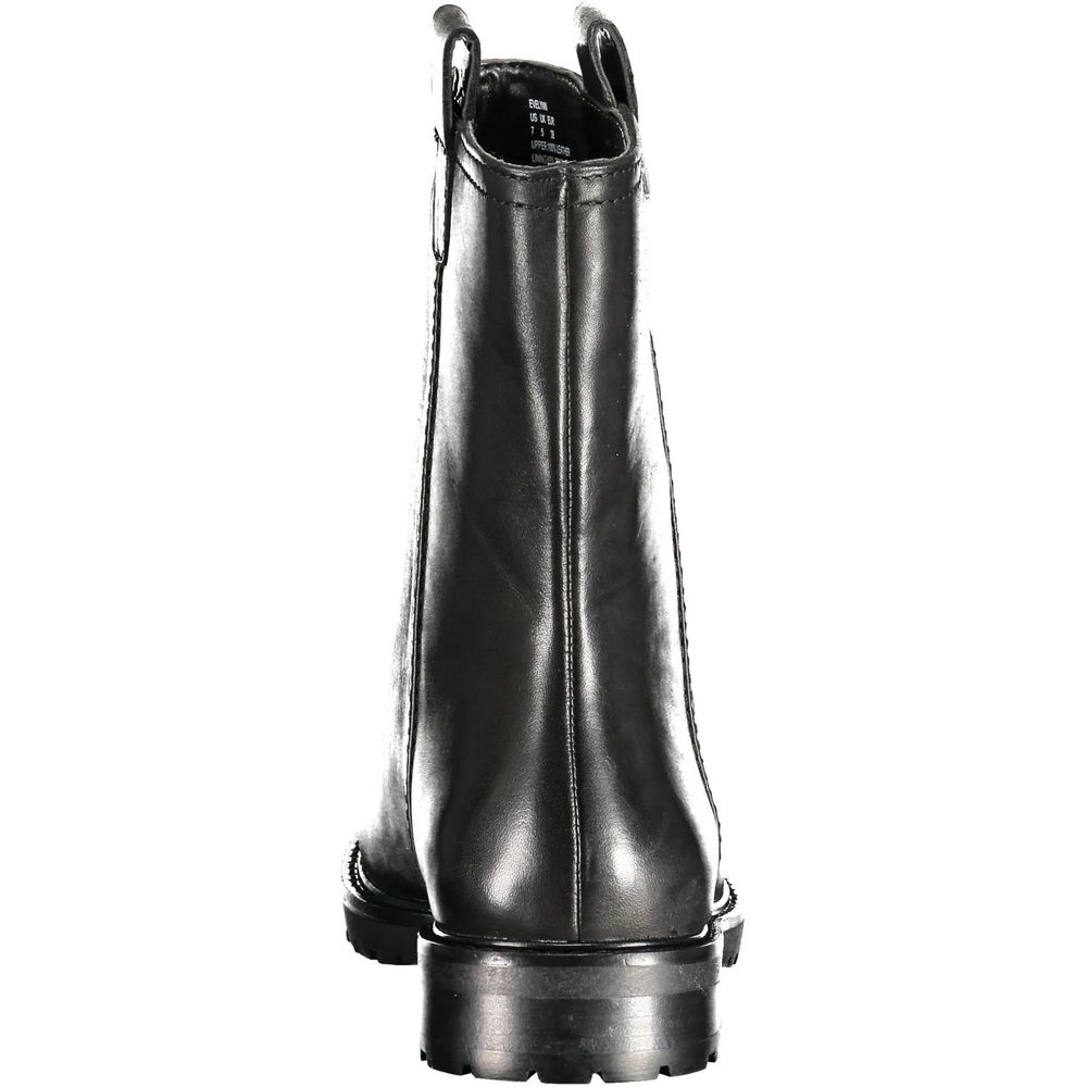 Rear view of Ralph Lauren Black Leather Women Boot showcasing elegant design and contrasting materials.