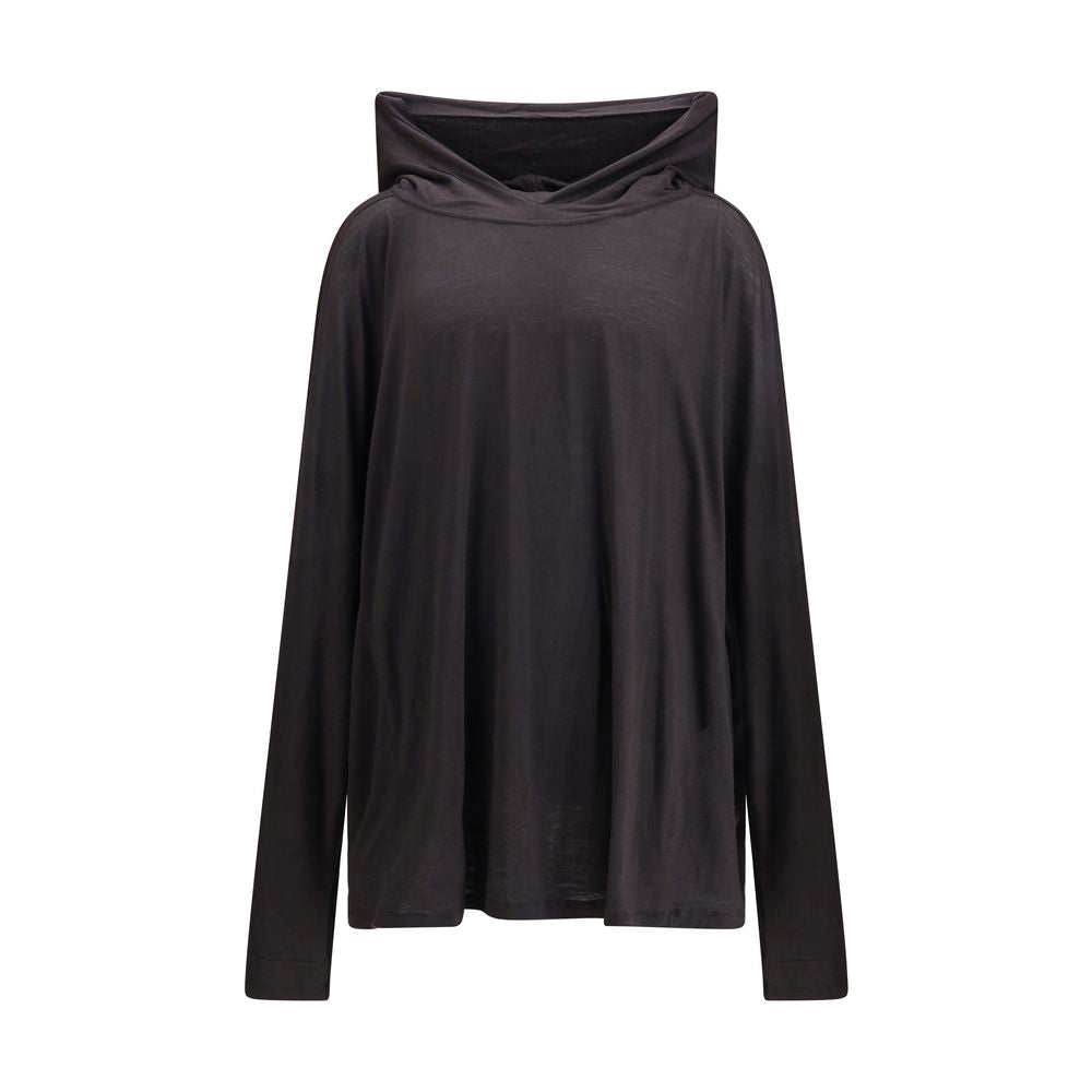 Rick Owens Black Fleece Wool Sportswear hooded T-shirt with long sleeves and square silhouette for contemporary design