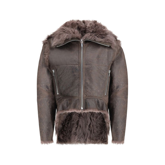 Rick Owens Brown Lamb Leather Biker Jacket with shearling, zippered cuffs and side pockets, reversible fur interior, AW25 collection.