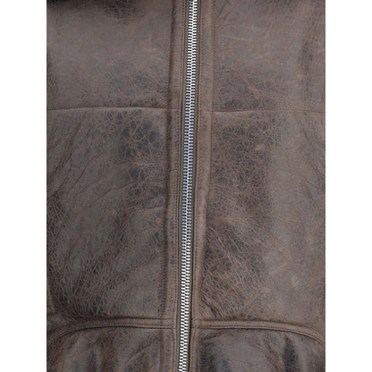Close-up of Rick Owens Brown Lamb Leather Biker Jacket zipper detail and leather texture