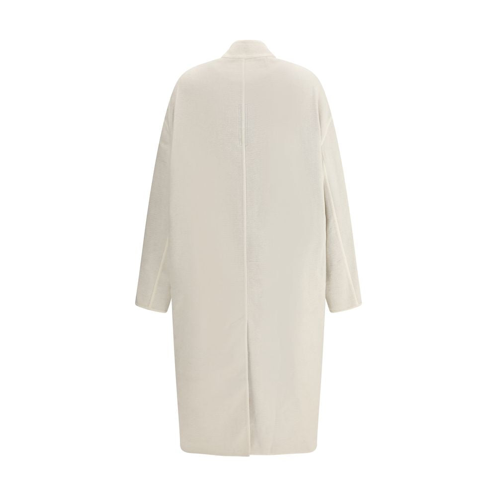 Back view of Rick Owens Cream Camel Hair Coat with asymmetrical front overlay and oversized fit, Season: AW25, Composition: 97% Camel, 3% Fleece Wool.