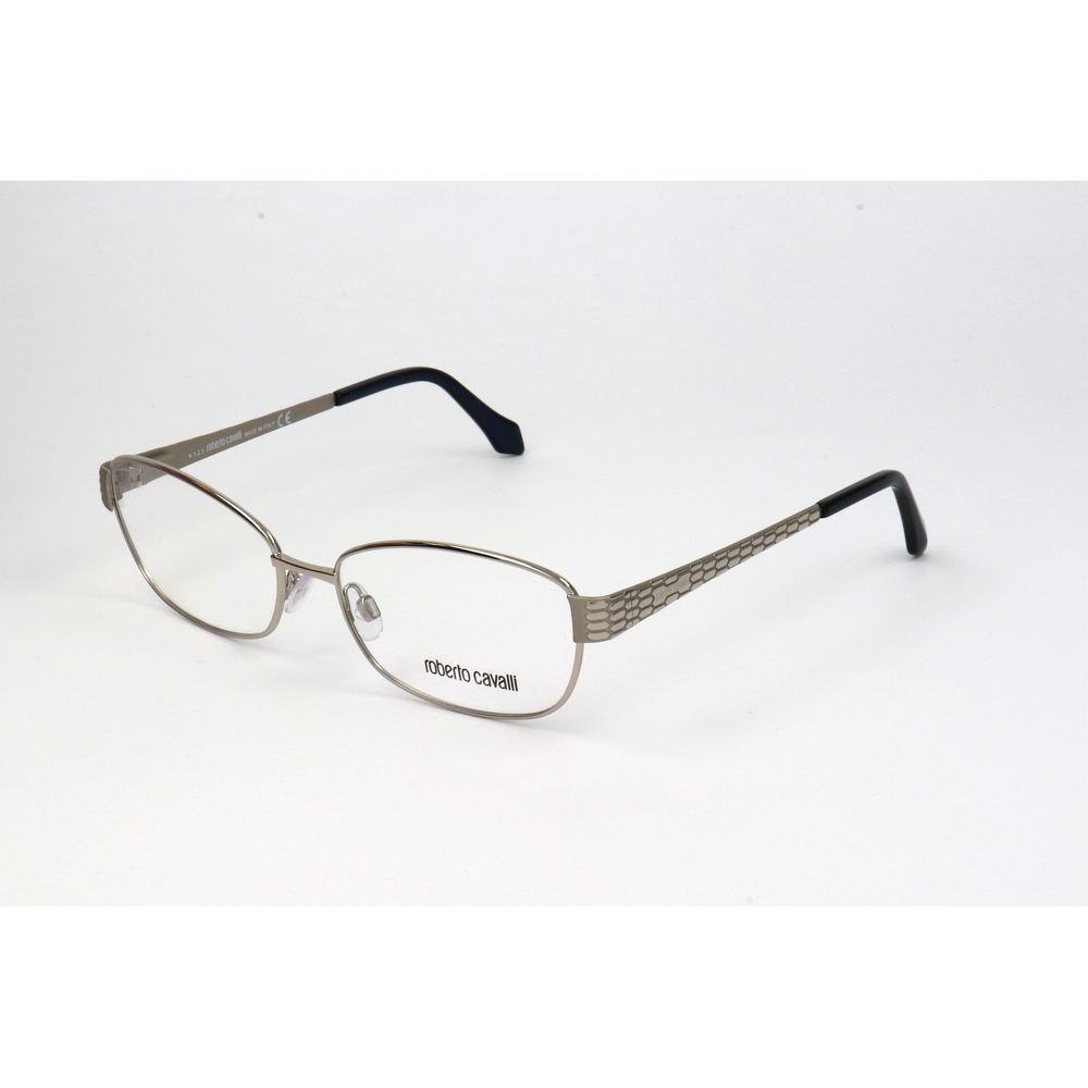 Roberto Cavalli Gray Metal Glasses (Frames) with rectangular lenses and intricate temple design, model RC0820-016, grey color frame.