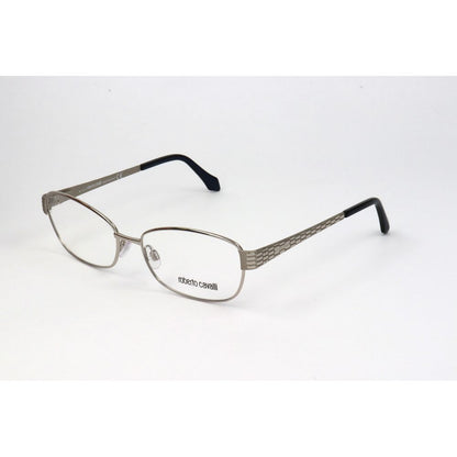 Roberto Cavalli Gray Metal Glasses (Frames) with rectangular lenses and intricate temple design, model RC0820-016, grey color frame.