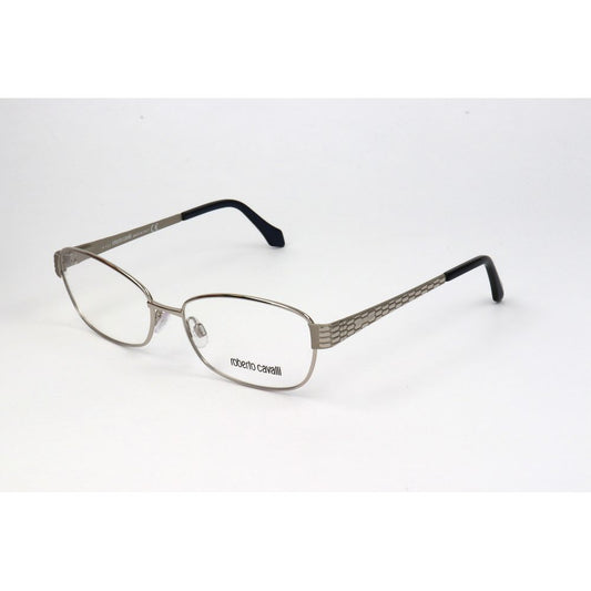 Roberto Cavalli Gray Metal Glasses (Frames) with rectangular lenses and intricate temple design, model RC0820-016, grey color frame.