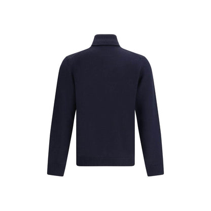 Back view of Roberto Collina Blue Merino Wool Turtleneck with ribbed collar, hem, and cuffs in elegant design for AW25 collection.