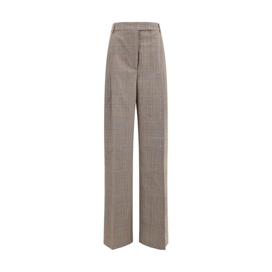 Rohe Beige Fleece Wool Casual Pants, wide leg Prince of Wales fabric, elegant front hook-and-zip, autumn winter style.