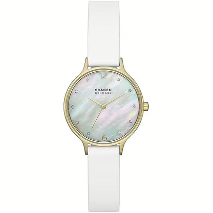 SKAGEN Mod. ANITA LILLE wristwatch for ladies, IP gold case, mother of pearl dial, white leather strap, quartz movement, 34mm case.