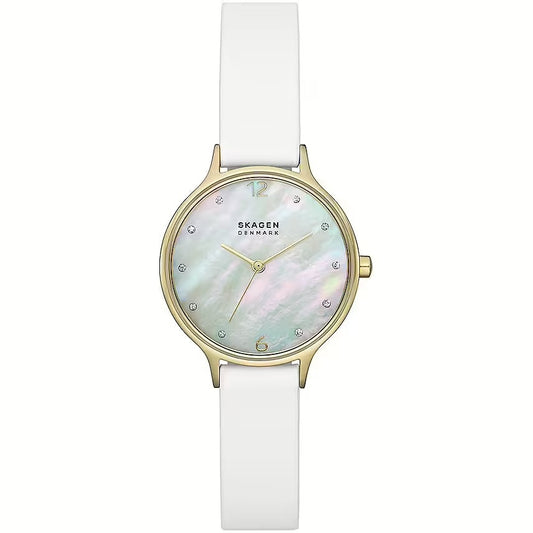 SKAGEN Mod. ANITA LILLE wristwatch for ladies, IP gold case, mother of pearl dial, white leather strap, quartz movement, 34mm case.