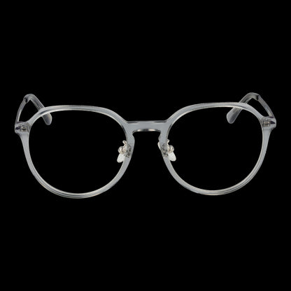 Round clear eyeglasses with transparent frame on black background.
