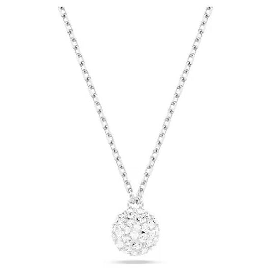Elegant Swarovski crystal ball pendant necklace on a silver chain.
