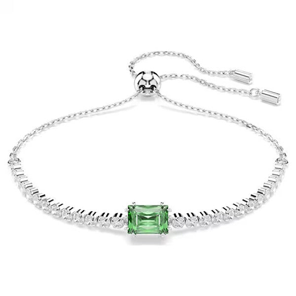 Elegant silver bracelet with green gemstone centerpiece and adjustable clasp.