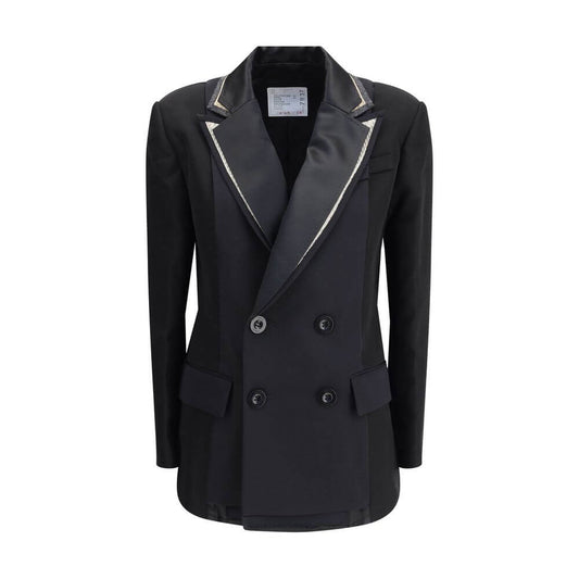 Sophisticated Sacai Black Polyester Clothing wool blazer with double-breasted design and peaked lapels.