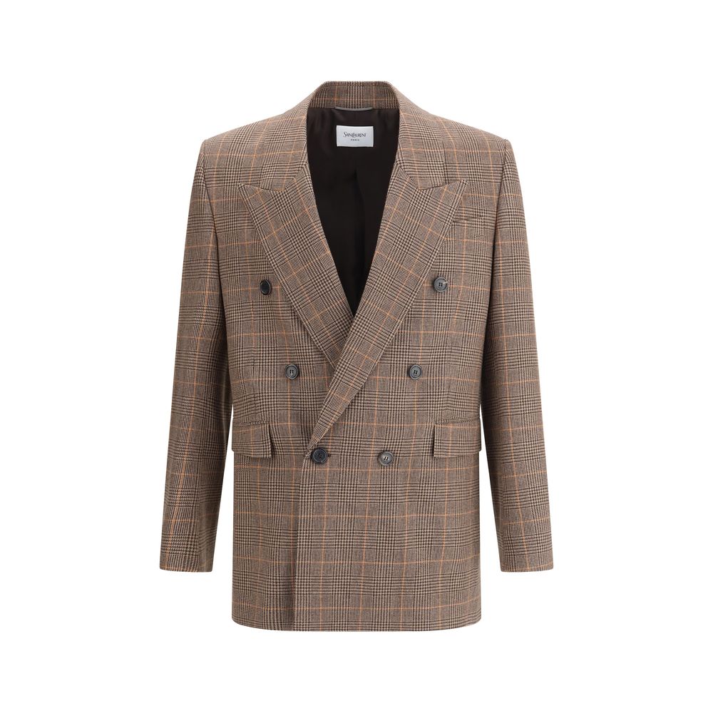 Saint Laurent Beige Wool Blazer with double-breasted design and six-button closure, featuring padded shoulders for structured elegance.