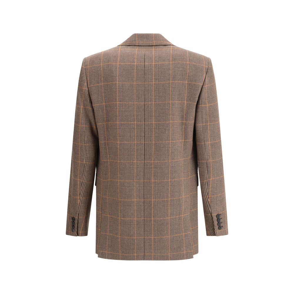 Back view of Saint Laurent Beige Wool Blazer with plaid pattern, featuring a double-breasted design and tailored elegance.