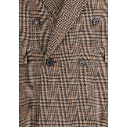 Close-up of Saint Laurent Beige Wool Blazer with double-breasted design and check pattern.