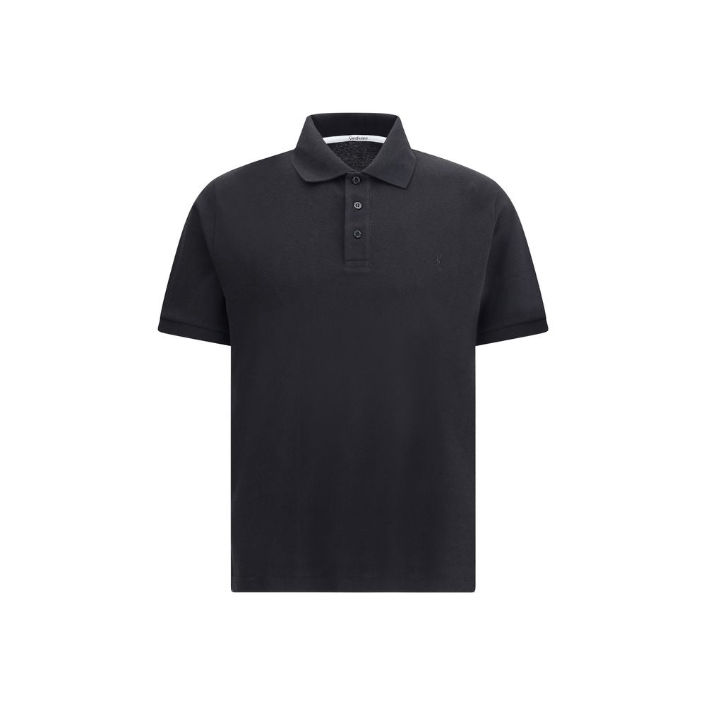 Saint Laurent Black Cotton Polo Shirt with traditional collar and three-button placket, featuring embroidered logo and regular fit.