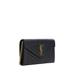 Saint Laurent Logoed Shoulder Bag with embossed YSL logo and chain strap. Elegant black leather for luxury and functionality.