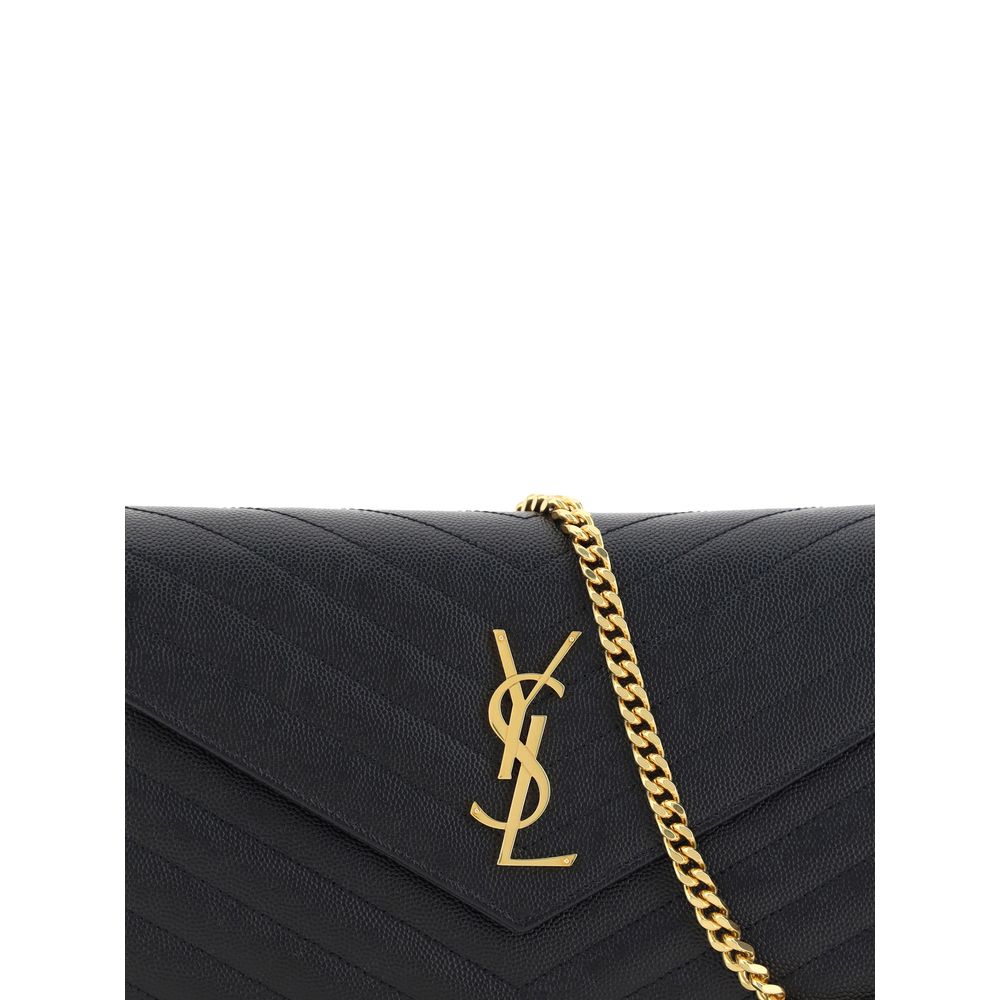 Saint Laurent Logoed Shoulder Bag with YSL logo, gold chain, and leather detail, combining elegance and functionality.