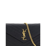 Saint Laurent Logoed Shoulder Bag with YSL logo, gold chain, and leather detail, combining elegance and functionality.