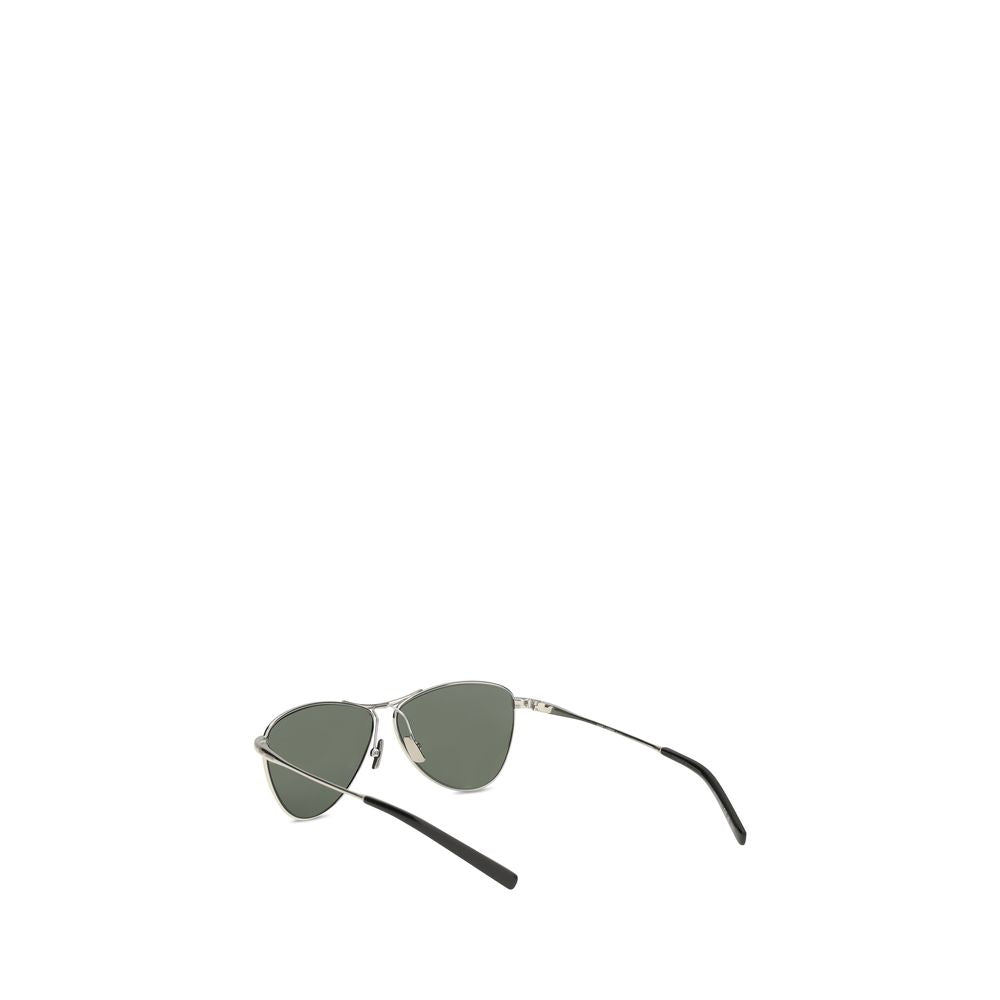 Saint Laurent Silver Metal Sunglasses with triangular frame and nylon lenses, bold aviator style, AW25 collection.