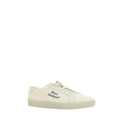 Saint Laurent White Rubber Low Top Sneakers with lace-up front and embroidered logo on side, cotton upper, rubber sole, AW25 collection.