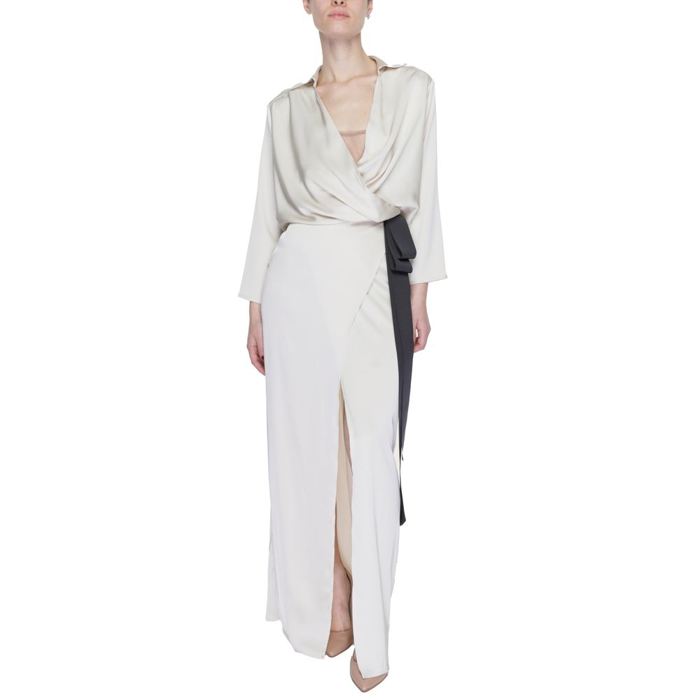 Sandro Ferrone Beige Polyester Long Dress with wrap neckline and contrasting side belt, featuring a front slit for added elegance.