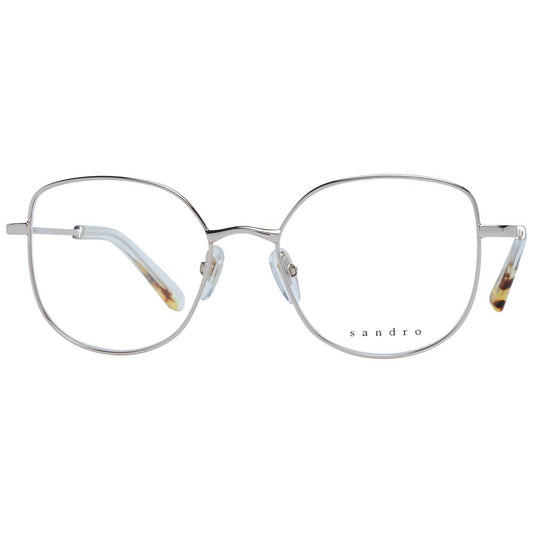 Sandro Silver Women Glasses Frame in stainless steel with full-rim design, demo lenses, and square style, includes branded case.