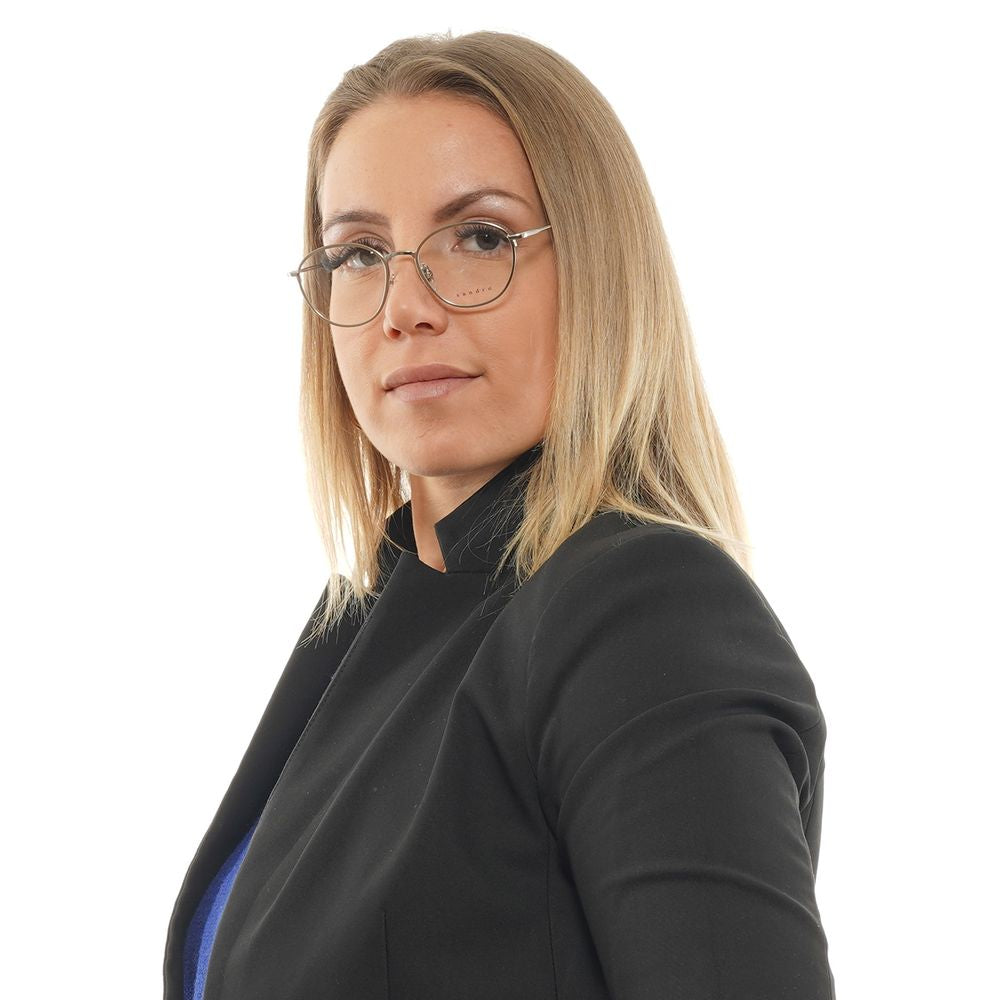 Woman wearing Sandro Silver Women Glasses Frame with stainless steel full-rim design, perfect for a sophisticated and stylish look.