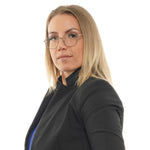 Woman wearing Sandro Silver Women Glasses Frame with stainless steel full-rim design, perfect for a sophisticated and stylish look.