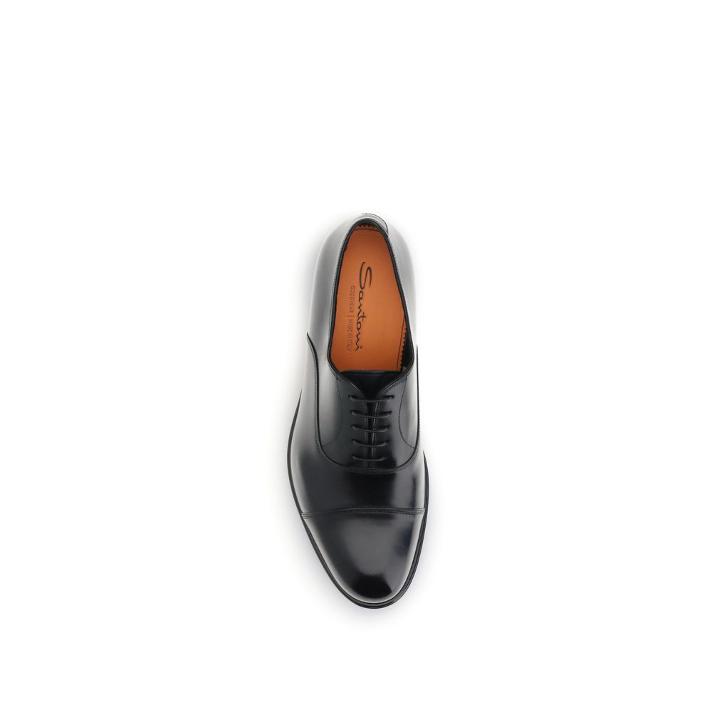 Top view of Santoni Black Calf Leather Bos Taurus Oxfords And Derbies with classic lace-up design and Santoni logo on insole.