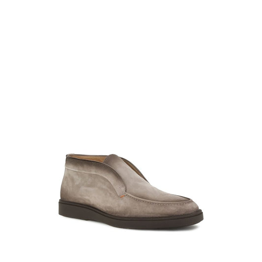 Santoni Desert Ankle Boots in soft suede with tray stitching and contrasting rubber bottom, showcasing craftsmanship and contemporary style.
