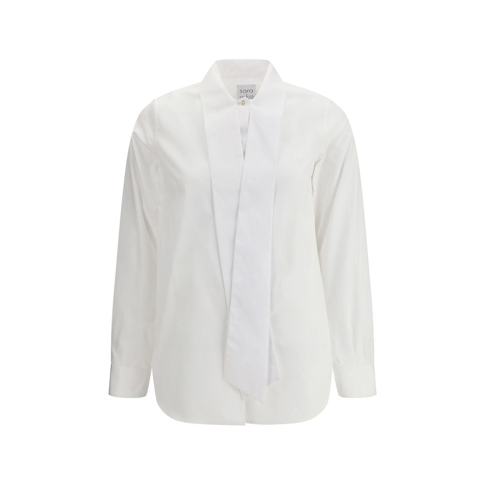 Sara Roka White Cotton Dress Shirt with elegant collar and tie, front button closure, perfect for sophisticated looks.