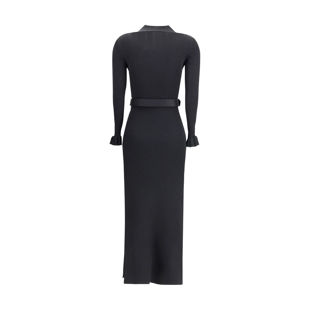 Back view of Self-Portrait Black Viscose Casual Dress with ruffled cuffs and side slit.