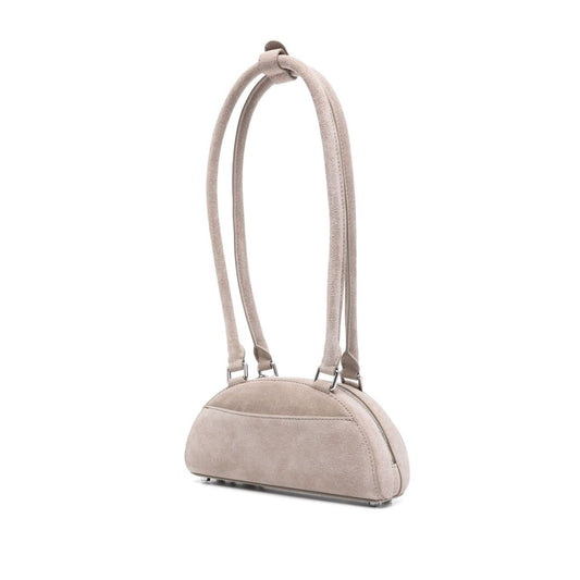 Self-Portrait Suede mini shoulder bag in grey with bow detailing, top zip fastening, single handle; 22cm x 10cm x 7cm, handle 30cm.