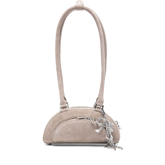 Self-Portrait Suede mini shoulder bag in grey with top zip, single handle, bow detail, perfect for stylish outings.