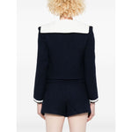 Back view of Self-portrait Jackets Blue - navy blue Bouclé short jacket with contrasting collar and stripe trim, size 8.
