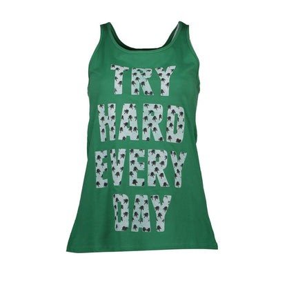 Silvian Heach Green Cotton Tank Top with 'TRY HARD EVERY DAY' print, round neck and logo design.