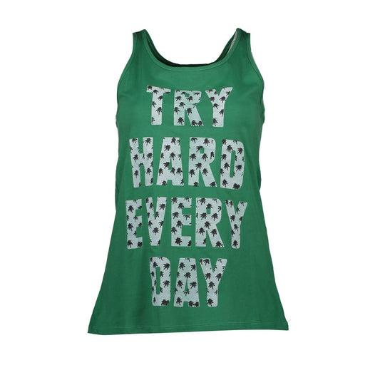 Silvian Heach Green Cotton Tank Top with 'TRY HARD EVERY DAY' print, round neck and logo design.