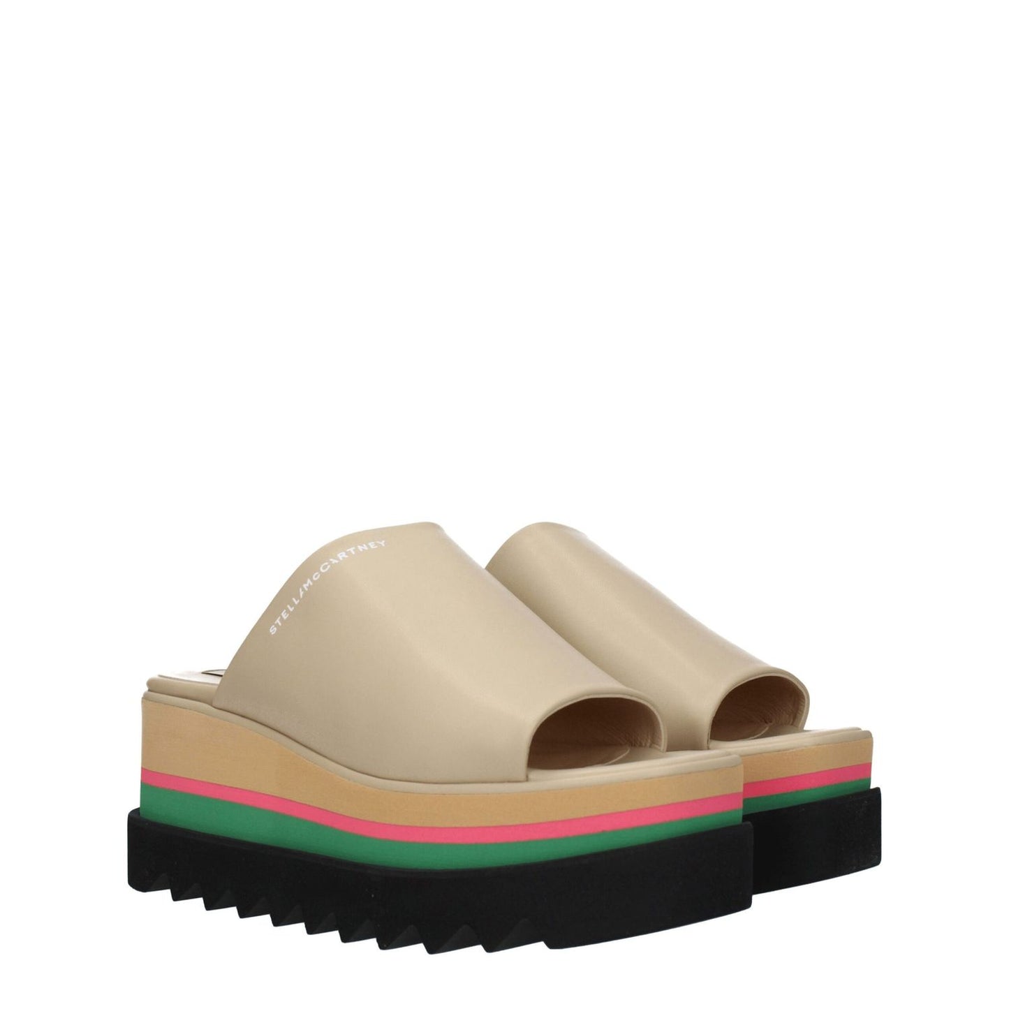 Stella McCartney Beige Leather Slippers with open toe, wedge heel, and rubber sole in eco leather.