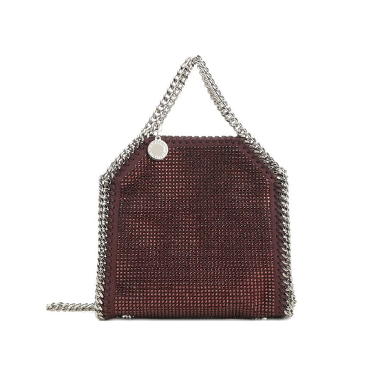 Stella McCartney Falabella Tiny crossbody bag in burgundy with rhinestone embellishment and silver-tone chain detailing.