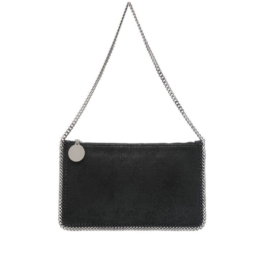 Black Stella McCartney Falabella clutch with chain-link shoulder strap and whipstitch trim.