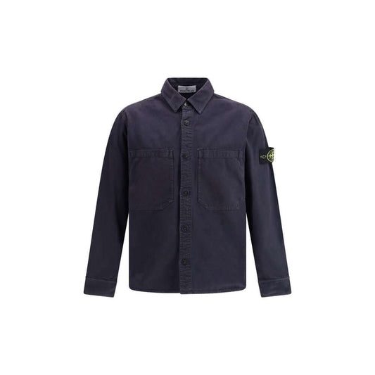 Stone Island Blue Cotton Dress Shirt with button fastening and logo patch on sleeve.