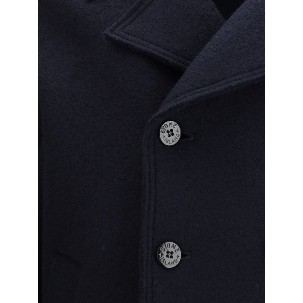 Stone Island Blue Fleece Wool Coat with snap-button closure and badge detail for AW25