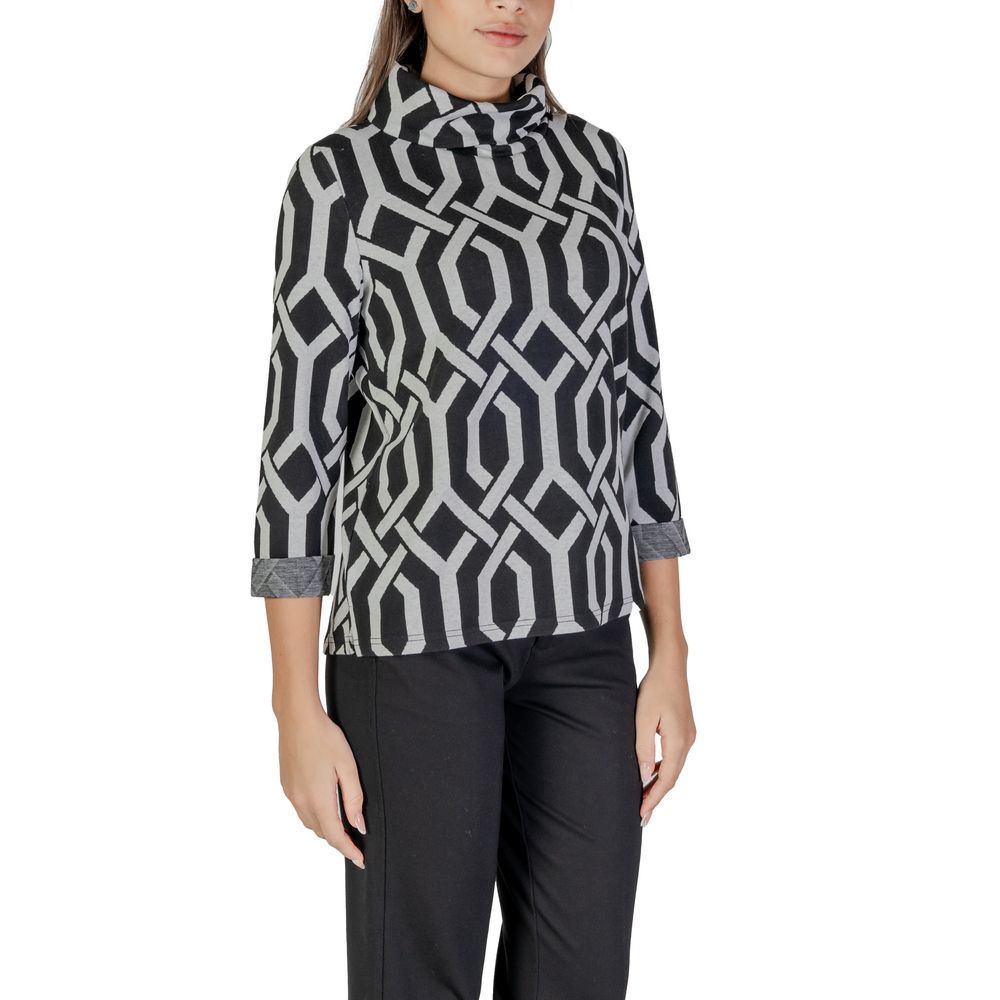 Street One Black Polyester Sweatshirt with geometric jacquard pattern and scarf collar, offering comfort and style in knitwear.