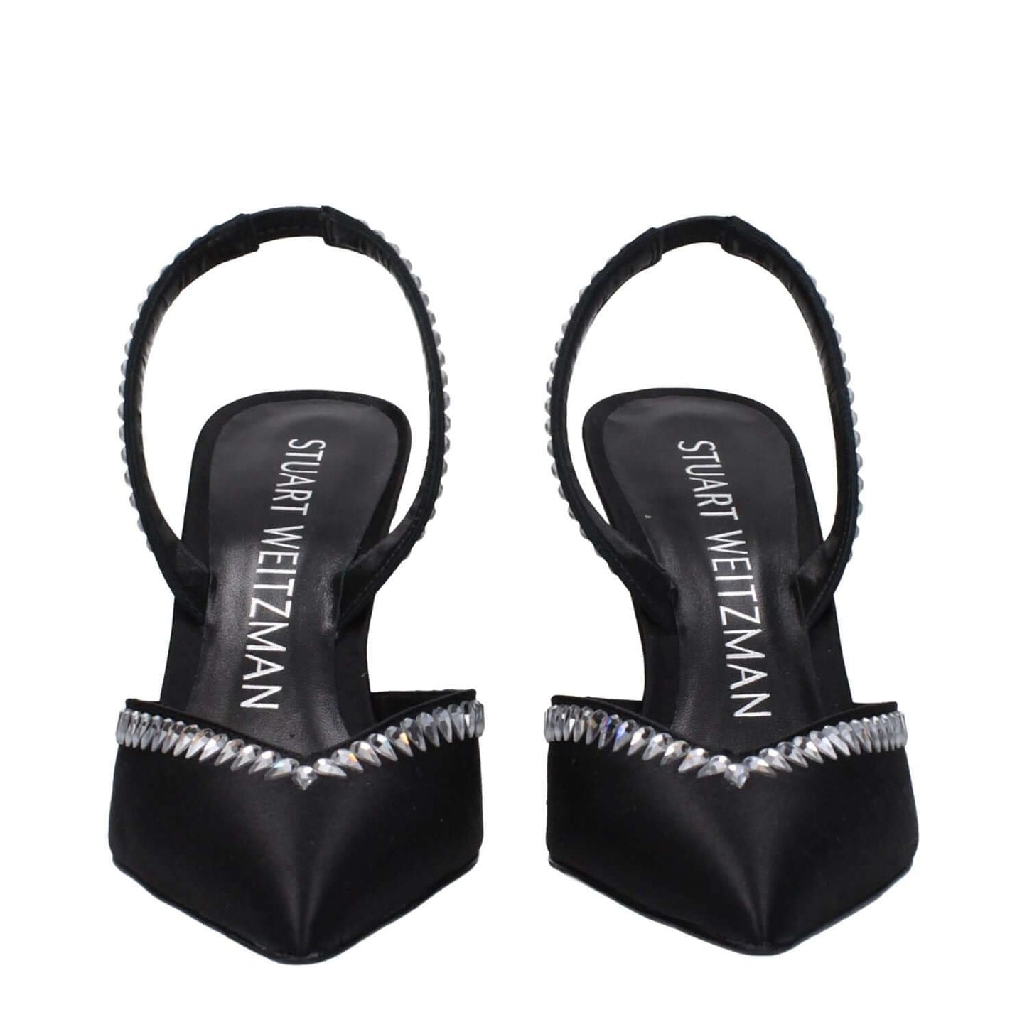 Stuart Weitzman Black Satin Stiletto Heel Sandals with rhinestone detail and leather sole, featuring pointy toe and high heel.