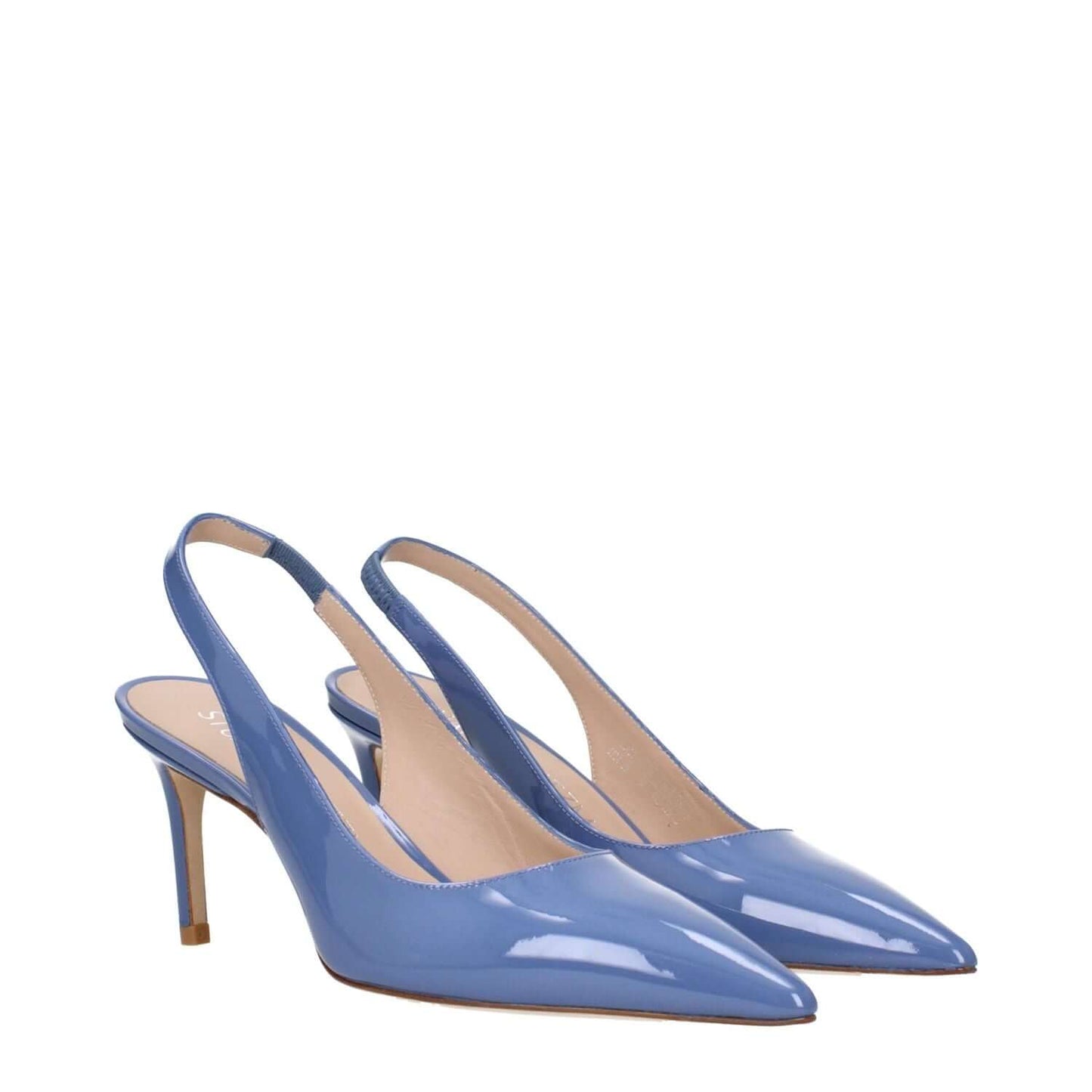 Stuart Weitzman Light Blue Leather High Heel Pumps with pointy toe and mid heel, casual style in patent leather, steel blue.