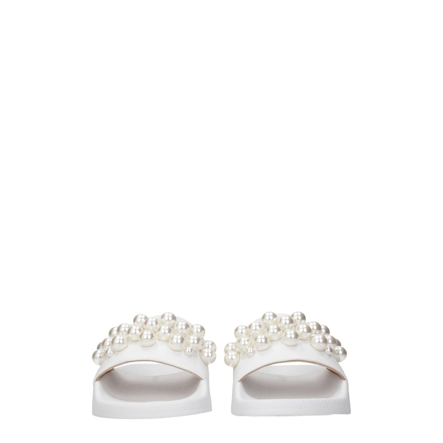 Stuart Weitzman White Leather Slippers with pearl front detail, open toe design and low flat heel, perfect for street style fashion.
